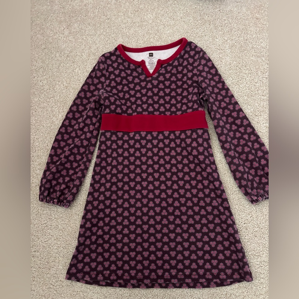 Tea collection girls plum red band long sleeve pattern dress size 7.